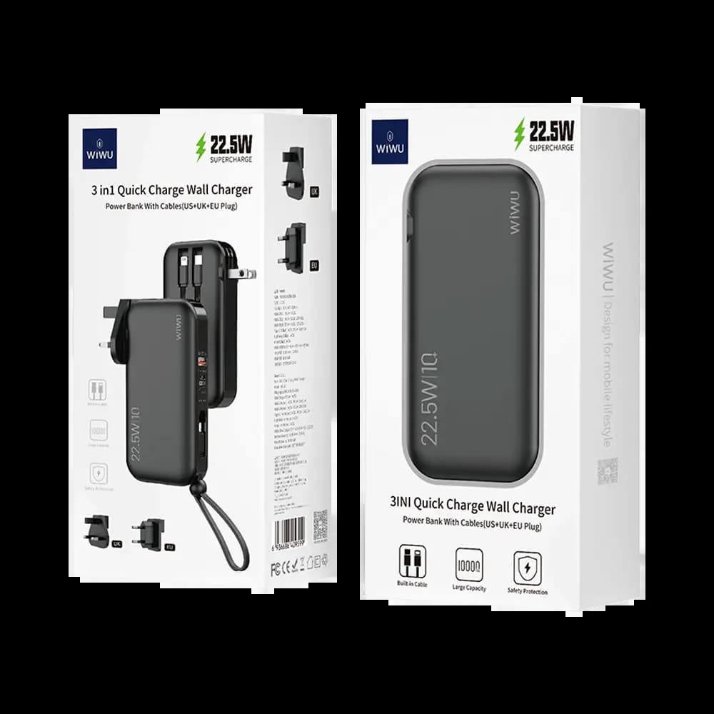 Batterie externe 10000 mAh avec fonction chargeur mural universel et câble USB-C/Lightning intégré – Wiwu JC-23C Noir - Vue 28