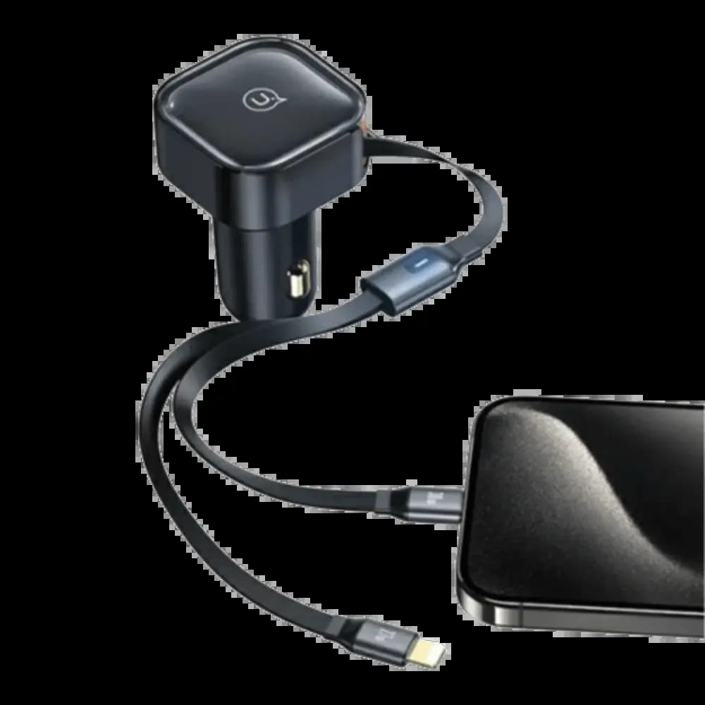 Chargeur Allume-Cigare Usams 30W avec Cable Rétractable 2 en 1 (USB-C + Lightning) Noir - Vue 3