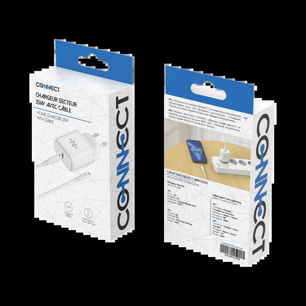 Chargeur secteur USB-C 25W charge rapide + câble Lightning (1m) – CONNECT Blanc - Vue 3