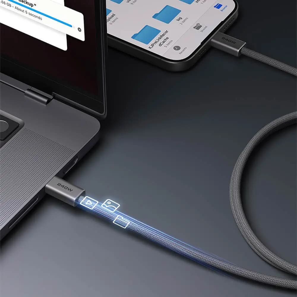 Câble Aukey USB-C vers USB-C 240W Power Delivery en nylon tressé (1.8m) - Gris - Vue 2