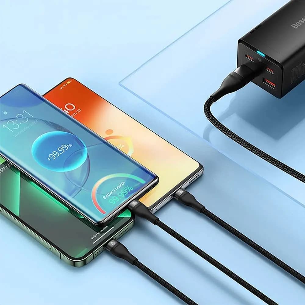 Câble Multi-Charge 100W USB + USB-C vers USB-C / Lightning / Micro-USB (1.2m) – Baseus Flash Series II Noir - Vue 3