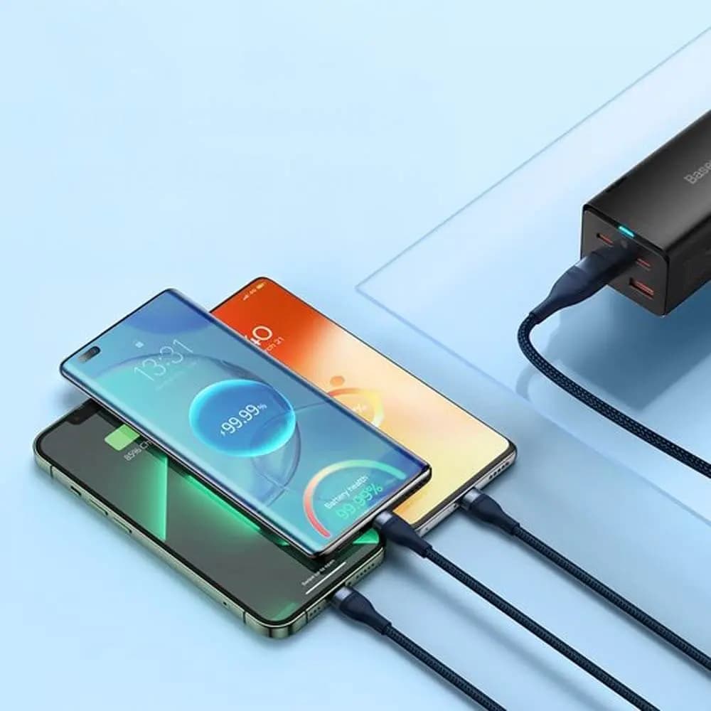 Câble Multi-Charge 100W USB + USB-C vers USB-C / Lightning / Micro-USB (1.2m) – Baseus Flash Series II Bleu - Vue 3