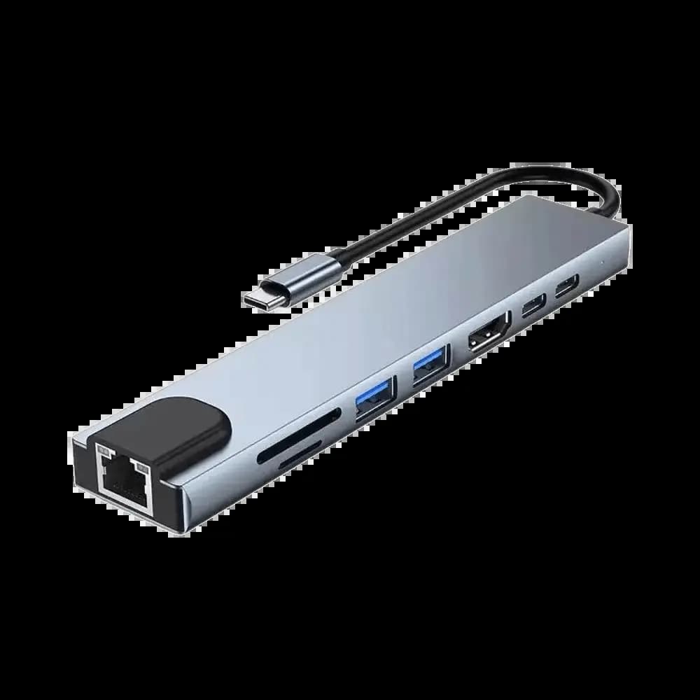 Hub USB-C (8-en-1) vers HDMI 4K + Ethernet RJ45 + USB-C x2 + USB-A x2 + SD/TF(micro SD) - Gris