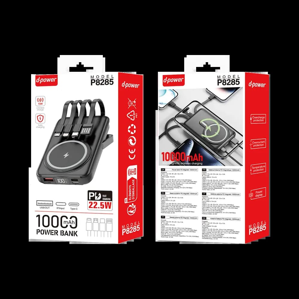 Batterie externe magnétique 10000mAh 22.5W 4 câbles intégrés - d-power P8285 Noir