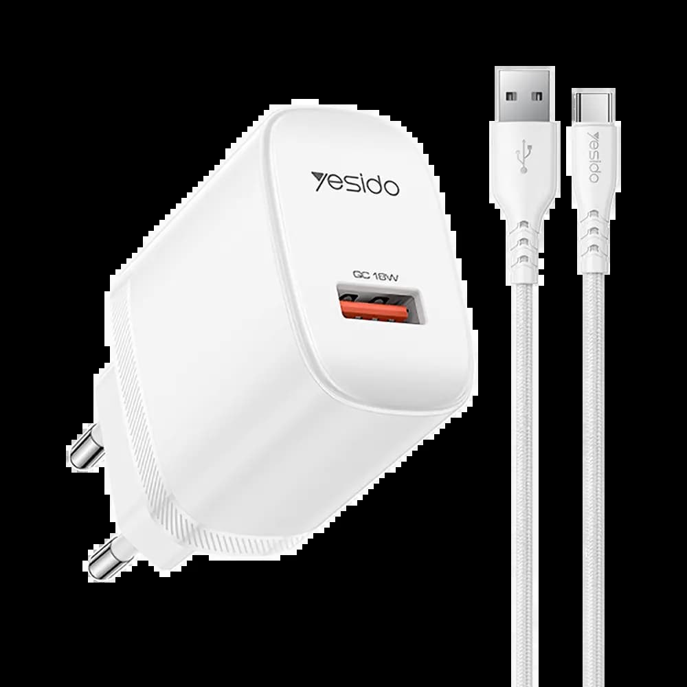 Chargeur secteur Yesido 18W Quick Charge 3.0 avec câble USB-C tressé - Blanc