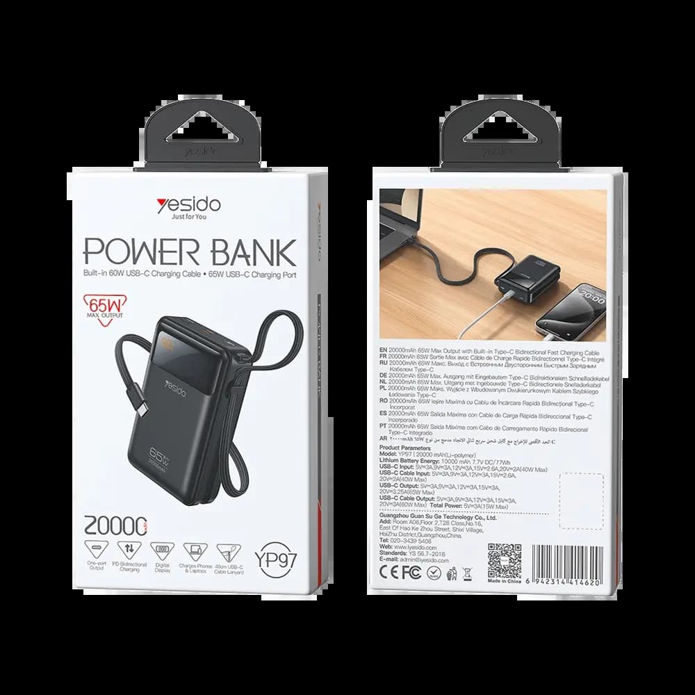 Batterie Externe Power Bank Yesido YP97 avec Câble de Charge USB-C 20000mAh 65W