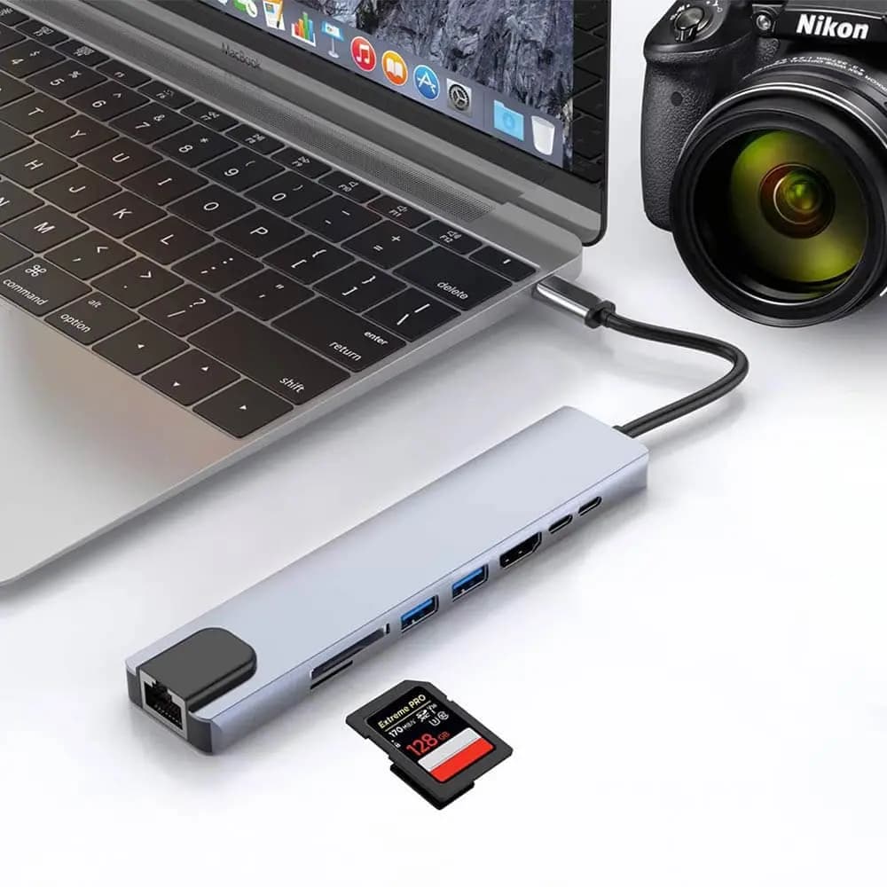 Hub USB-C (8-en-1) vers HDMI 4K + Ethernet RJ45 + USB-C x2 + USB-A x2 + SD/TF(micro SD) - Gris