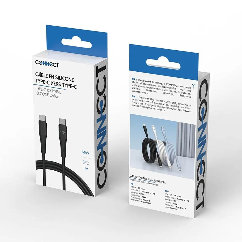 Câble Data USB-C vers USB-C CONNECT MC-CNC14 36W (1m) Noir