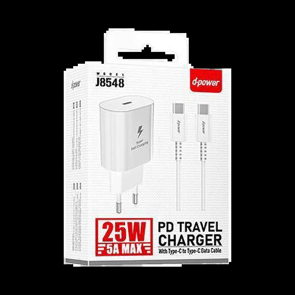 Chargeur Secteur USB-C d-power Charge Rapide 25W avec Câble Data USB-C vers USB-C Blanc