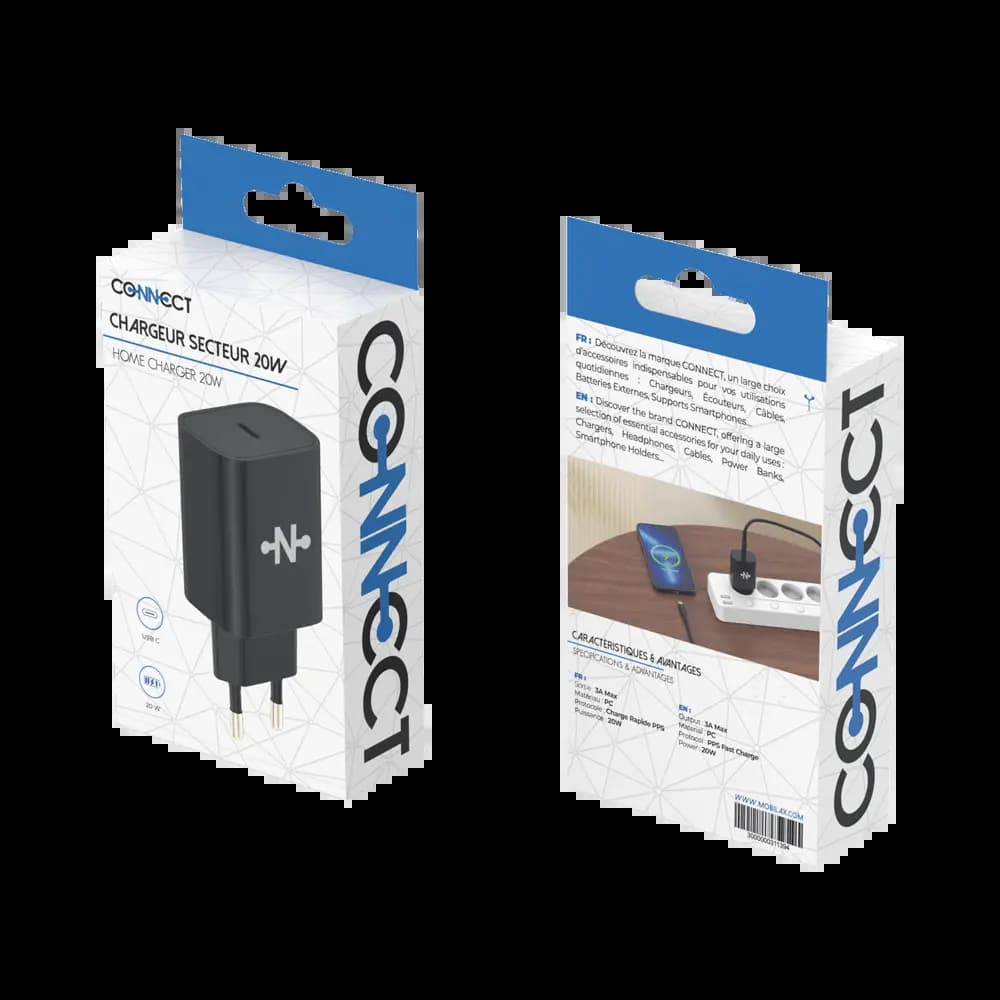 Chargeur Secteur USB-C CONNECT 20W Noir