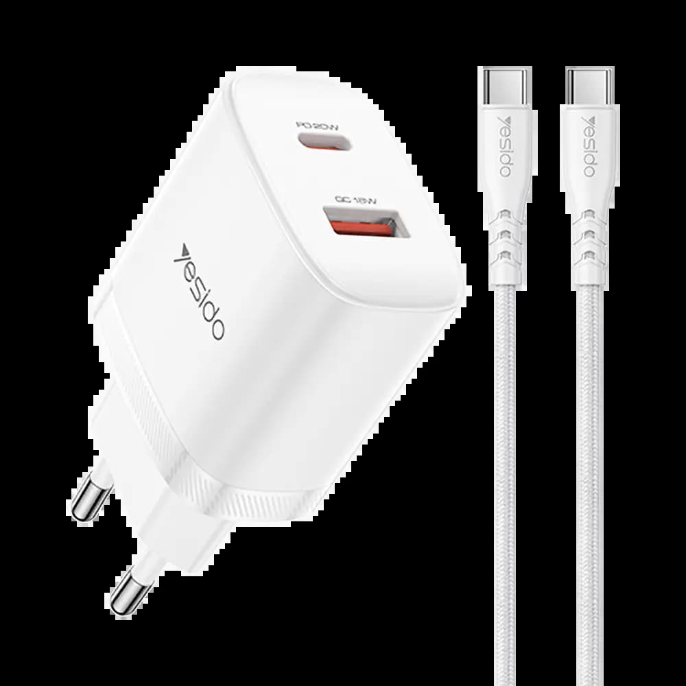Chargeur secteur Yesido 20W GaN avec double port et câble USB-C - Blanc