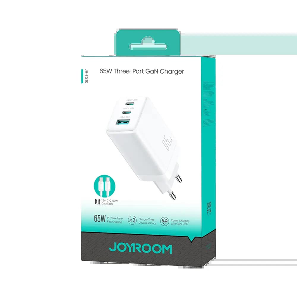 Chargeur Secteur Multi GaN JOYROOM JR-TG10 65W avec Câble USB-C vers USB-C 100W 1.2m Blanc