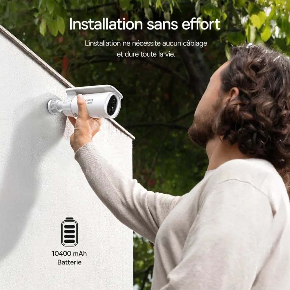 Caméra de Surveillance Sans Fil pour Extérieur Baseus S1 2K 8GB avec Batterie & Panneau Solaire à Système de Suivi Blanc