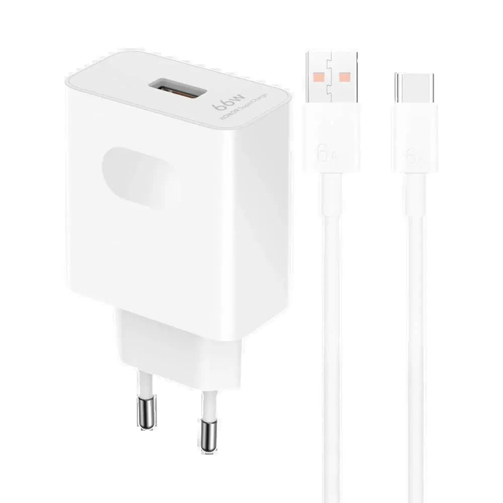Chargeur secteur Honor 66W SuperCharge avec port USB-A et câble USB-C 6A – Blanc