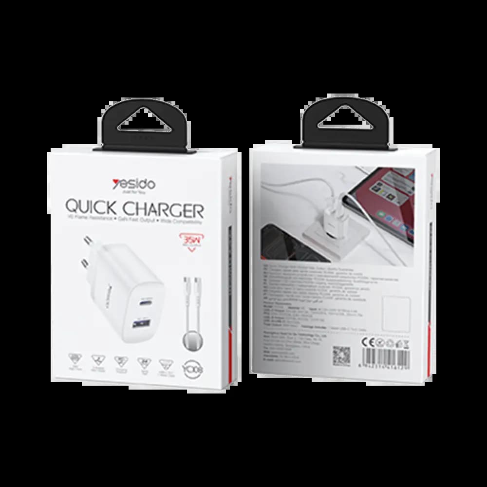 Chargeur secteur Yesido 35W GaN avec double port et câble USB-C tressé - Blanc