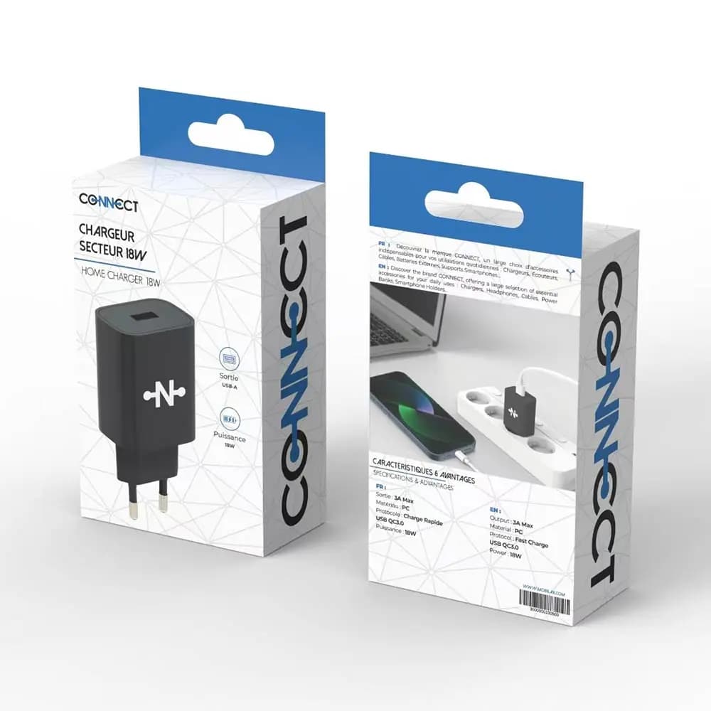 Chargeur Secteur USB CONNECT Charge Rapide 18W QC3.0 Noir