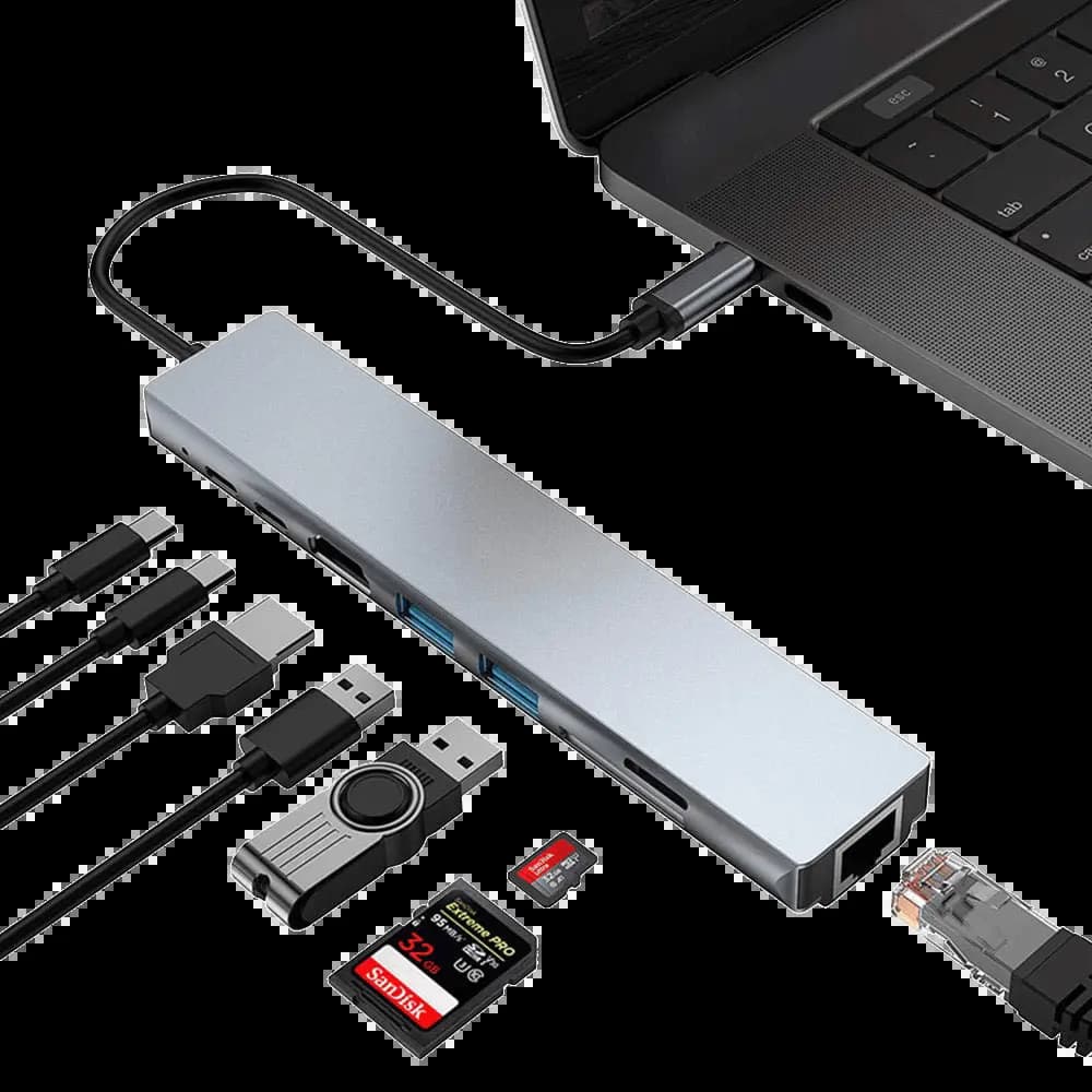 Hub USB-C (8-en-1) vers HDMI 4K + Ethernet RJ45 + USB-C x2 + USB-A x2 + SD/TF(micro SD) - Gris