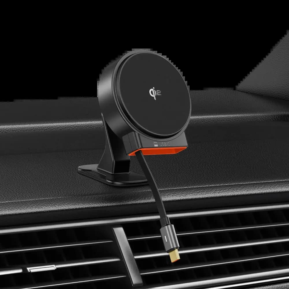 Support Smartphone Chargeur à Induction pour Voiture Mcdodo Qi2 (avec Câble Rétractable USB-C) 15W Noir