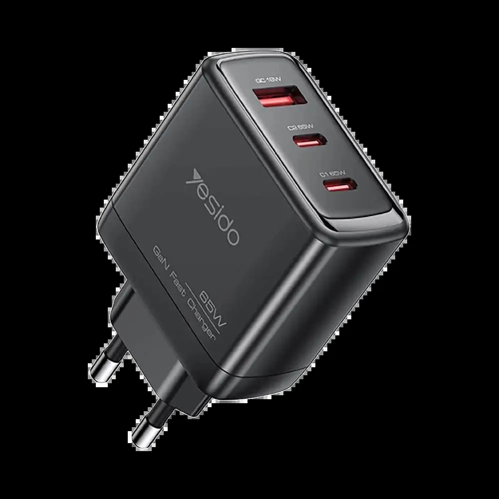 Chargeur Secteur GaN Multi (2x USB-C + USB) Yesido  65W Noir