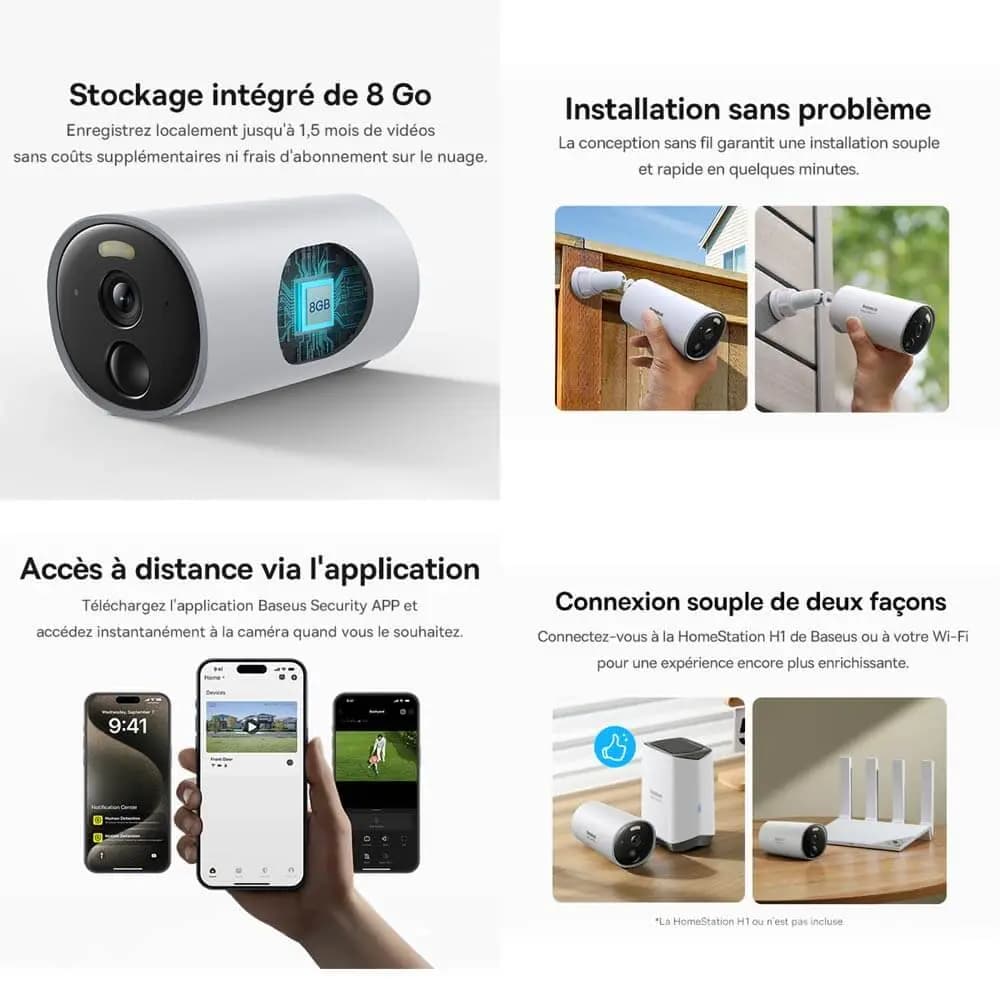 Caméra de Surveillance Sans Fil pour Extérieur Baseus B1 2K 8GB avec Batterie 7800mAh