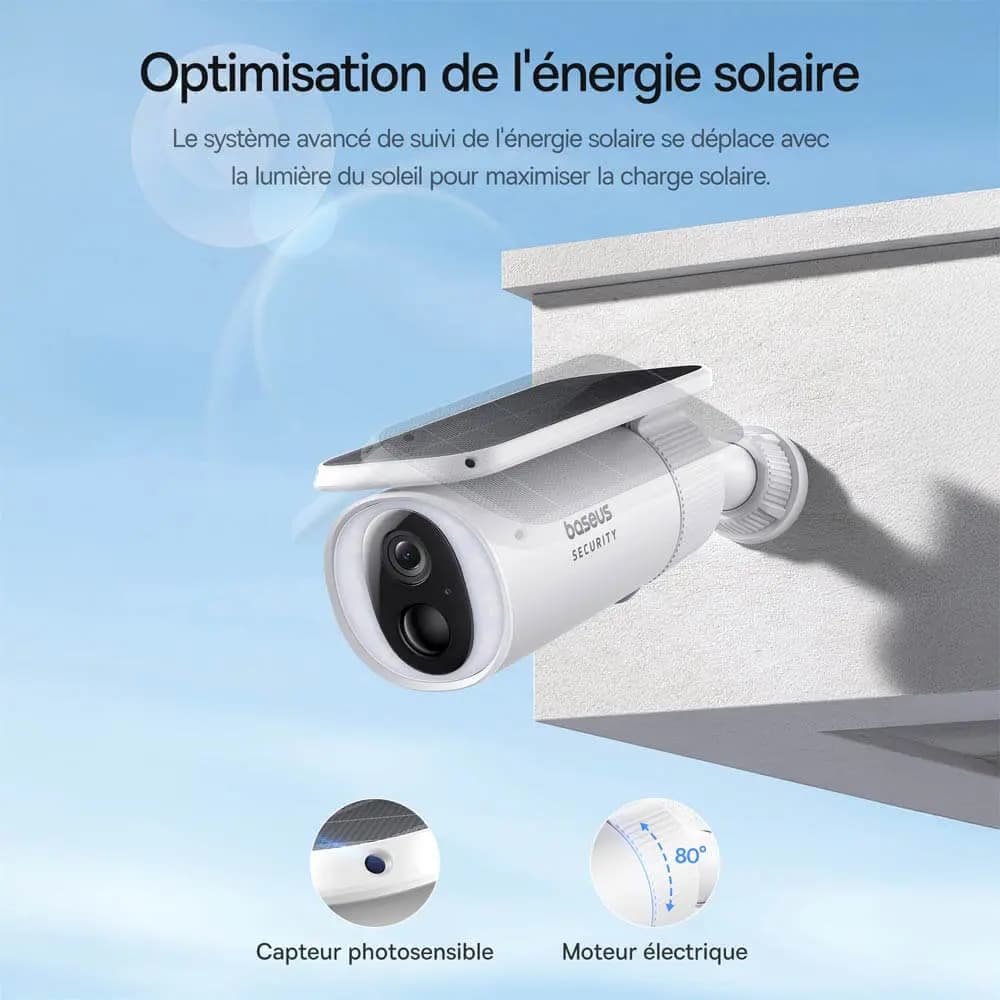 Caméra de Surveillance Sans Fil pour Extérieur Baseus S1 2K 8GB avec Batterie & Panneau Solaire à Système de Suivi Blanc