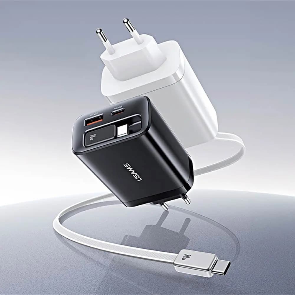 Chargeur Secteur Multi Usams 30W avec Câble Rétractable USB-C Blanc