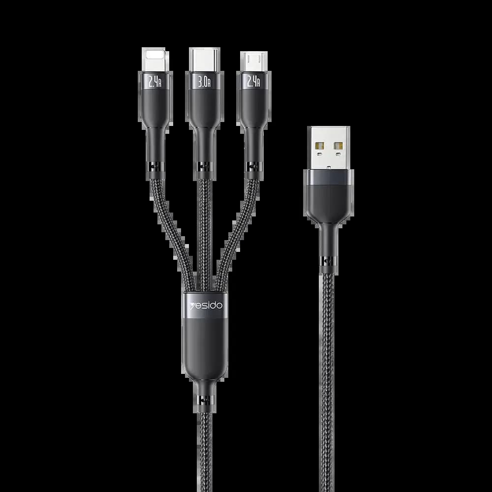 Câble Data Multi USB vers Type-C + MicroUSB + Lightning Yesido CA91 (1m) Noir