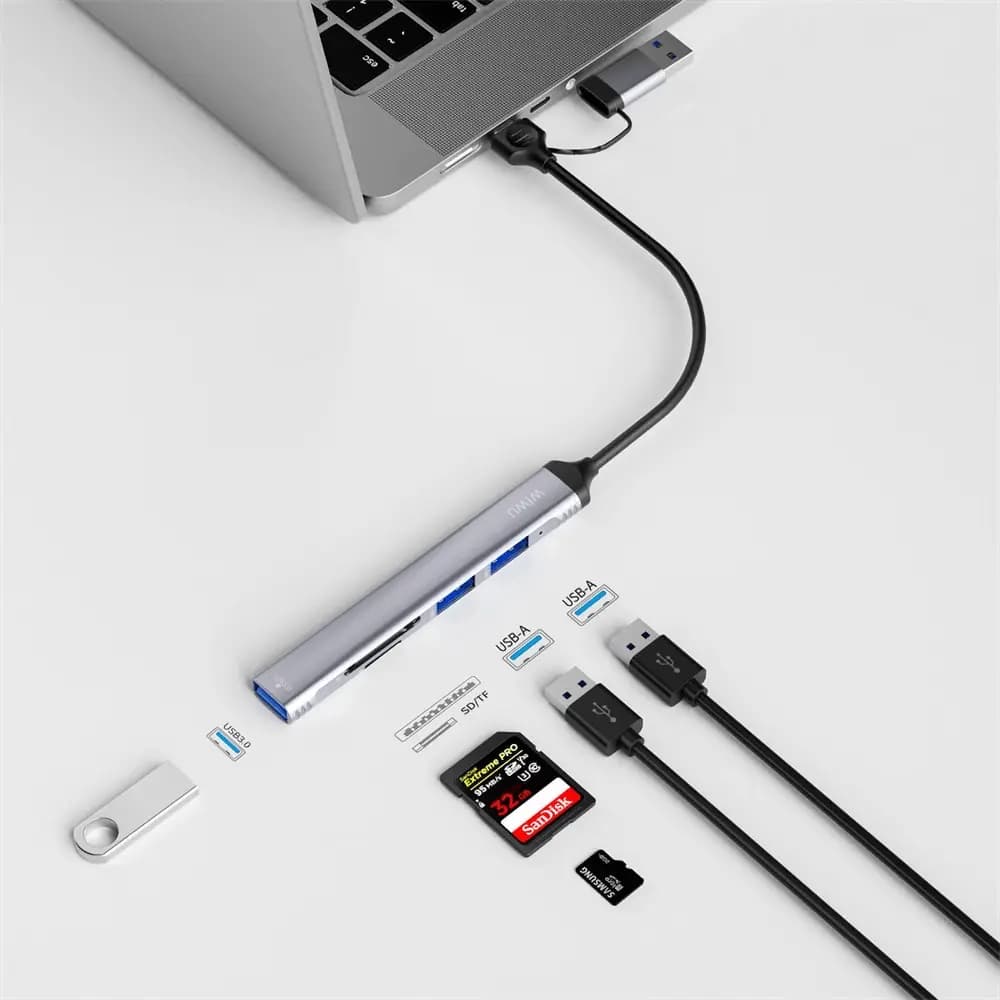 Hub Wiwu ZOLO - USB/USB-C (5-en-1) vers USB 3.0 + USB 2.0 x2 + SD/TF(Micro SD) -  Wi-HB003 -  Gris