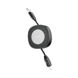 Câble Data Multi Rock Rétractable 3 en 1 (USB vers Type-C + MicroUSB + Lightning) Noir