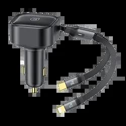 Chargeur Allume-Cigare Usams 30W avec Cable Rétractable 2 en 1 (USB-C + Lightning) Noir