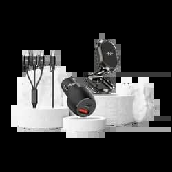 Pack Voiture CONNECT (Support Smartphone Magnétique 360° + Chargeur Allume-Cigare 48W + Câble de Charge 3A 3-en-1) Noir